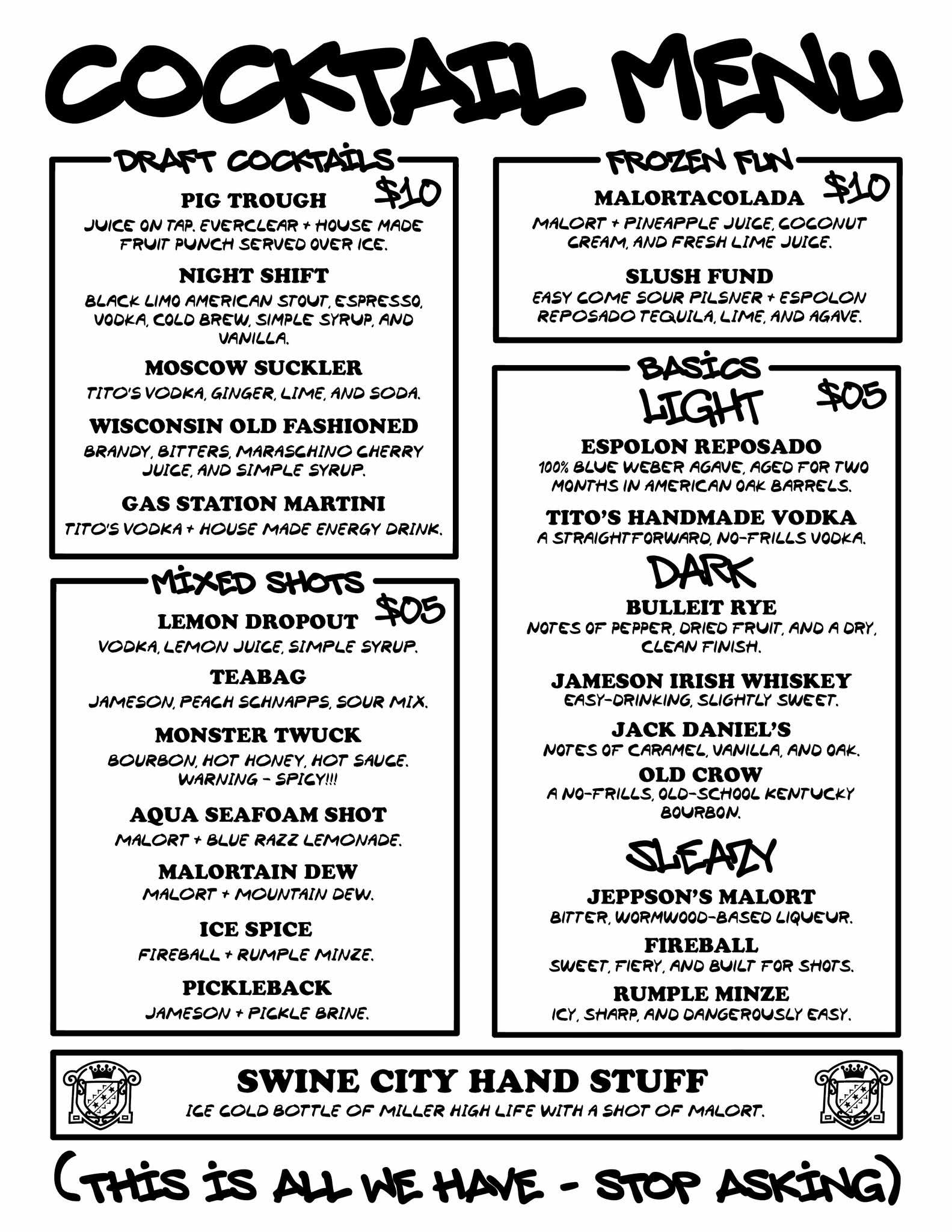 Swine City Brewing Cocktail Menu